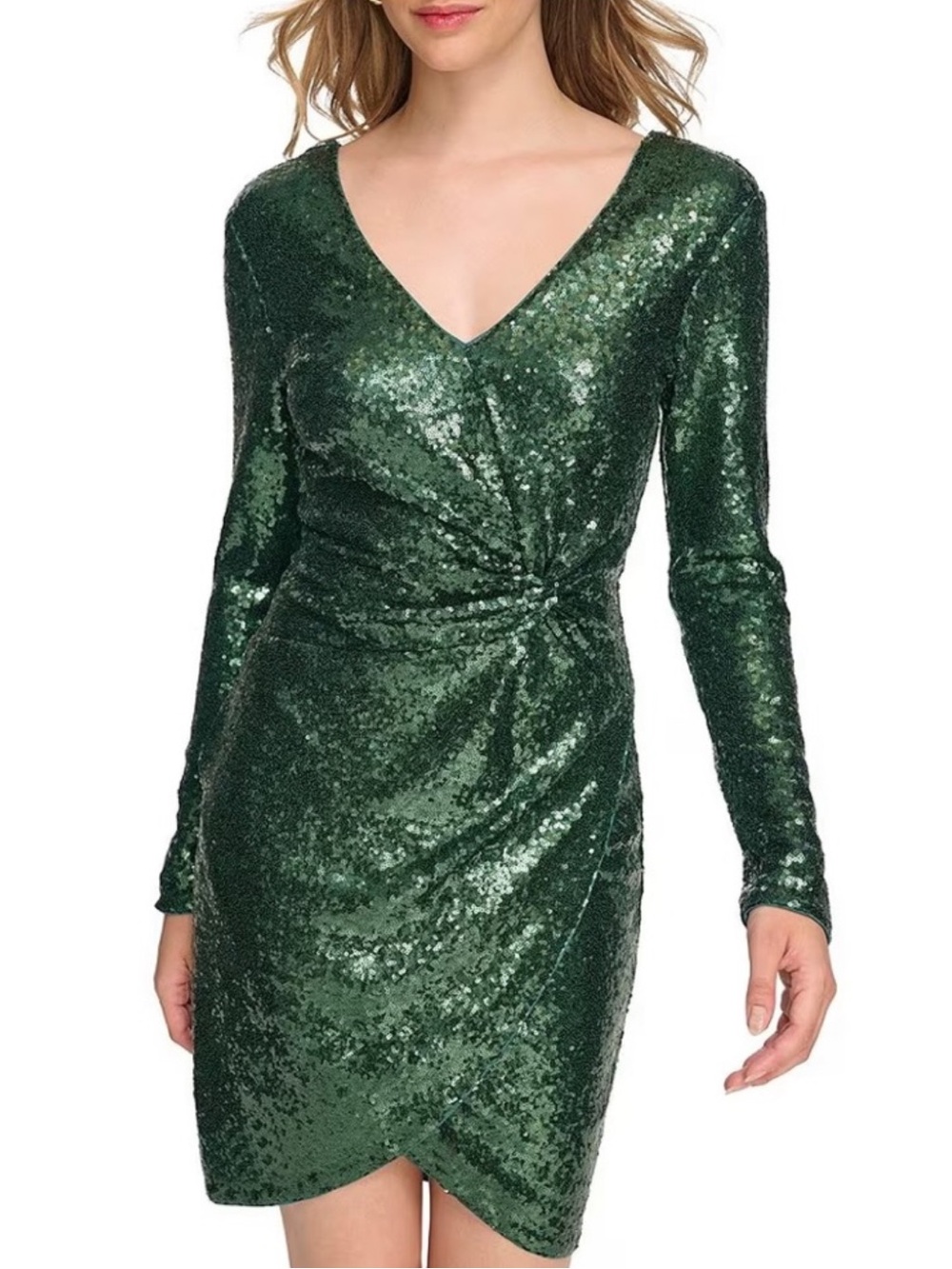 GUESS Emerald Green Sequin Long-Sleeve Twist-Front Dress